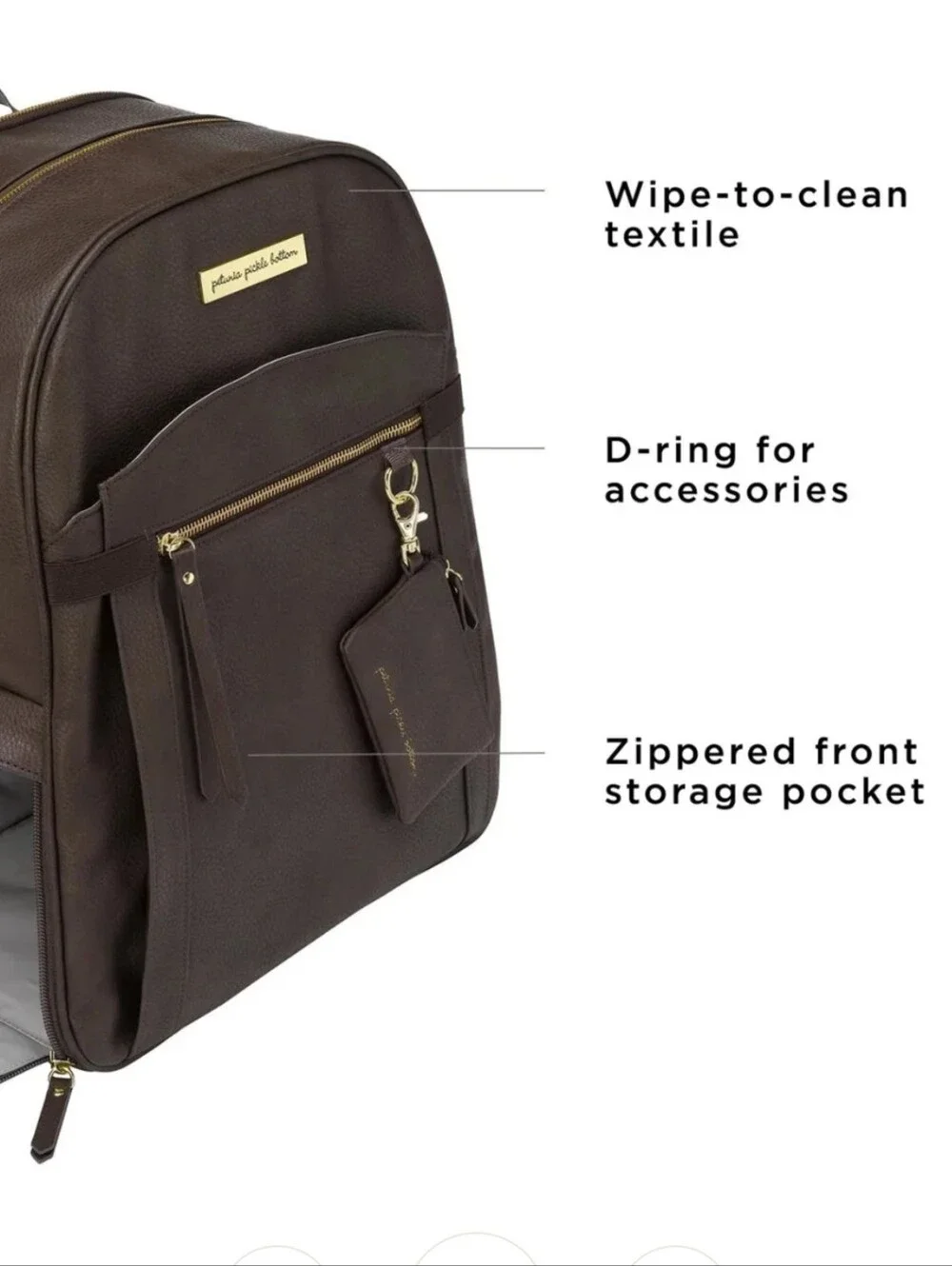 Petunia Pickle Bottom Brown Leatherette Backpack Diaper Bag.